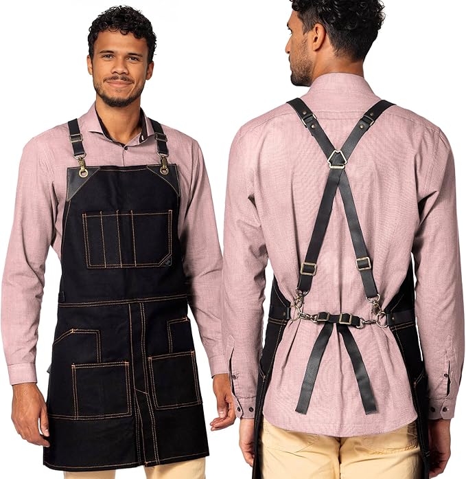 Under NY Sky Cargo Black Apron – Cross-Back with Leather Straps, Heavy-Duty Waxed Canvas and Split-Leg – Adjustable for Men and Women – Pro Woodworker, Mechanic, Blacksmith, Welder, Artist Aprons