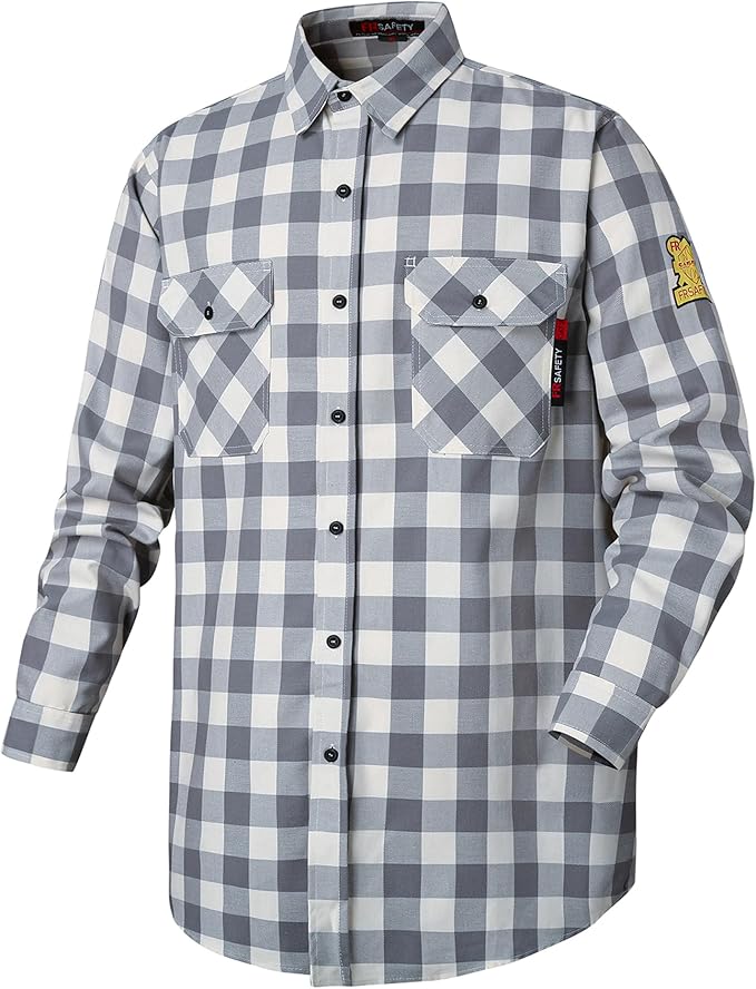 FR Shirts for Men 7oz Fire Resistant Shirts NFPA CAT2 Welding Shirt 100% Cotton Flame Resistant Shirt Grey/Plaid(3X-Large)
