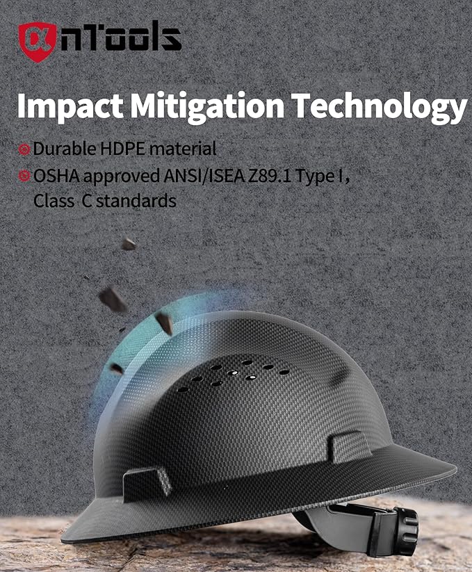 Carbon Fiber Design Full Brim Hard Hat, OSHA Approved Construction Hard Hats for Men, 4-Point Adjustable Suspension, ANSI Z89.1