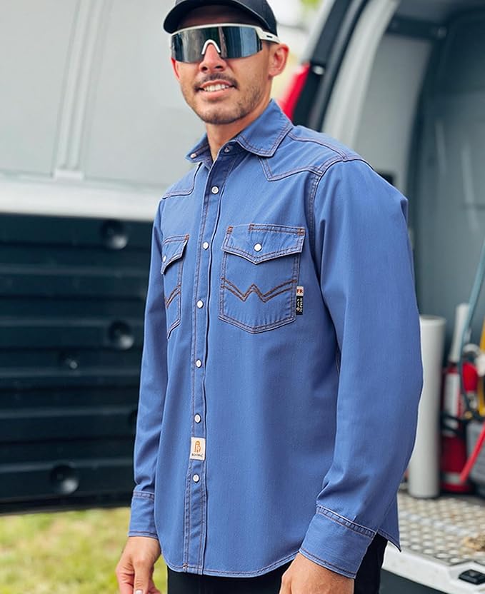 BOCOMAL FR Shirts Washed Denim EX Soft Midweight Smooth Fit Pearl Snaps Down Durable Flame Resistant Work Clothing