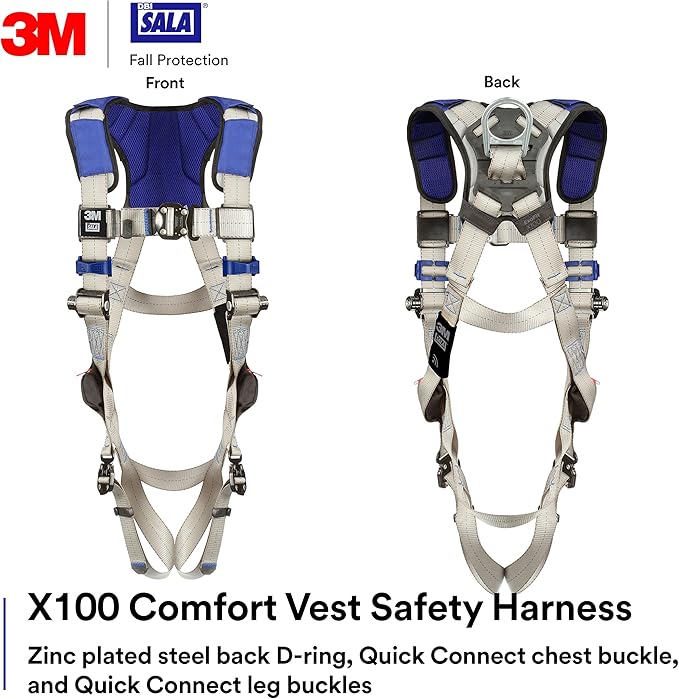 3M DBI-SALA ExoFit X100 Comfort Vest Safety Harness Fall Protection, OSHA, ANSI, General Purpose, 1 D-Ring Connection, Quick Connect Leg and Chest Buckles, Zinc Plated Steel, 1401021, Medium