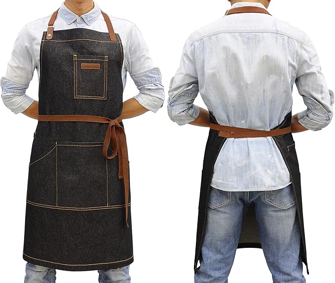 Denim Kitchen Apron with Pockets, Mens Womens Professional Chef Bib Apron for Cooking Grill BBQ Server