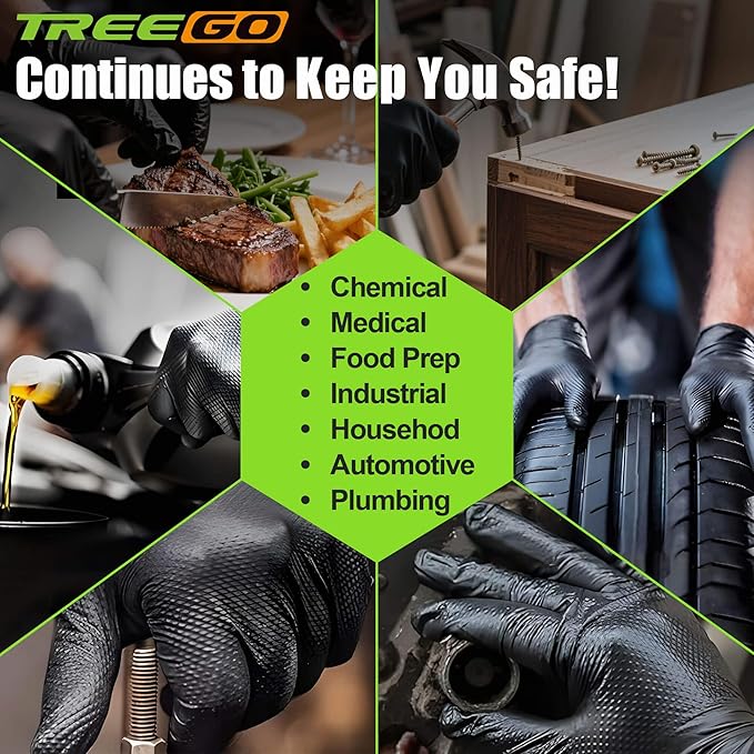 TREEGO Black Nitrile Gloves 10 Mil Heavy Duty Disposable Latex Free – Diamond Grip for Industrial, Construction, Mechanic
