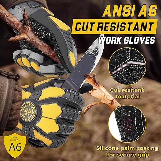 HANDLANDY Winter Cut Resistant Men Impact Resistant Work Gloves, Padded Palm Grip Heavy Duty Working Glove (Large, Yellow)