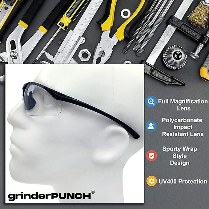 grinderPUNCH Full Lens Magnification Safety Glasses with Black Frame | Clear Lens | | Magnifying Reading Eyewear