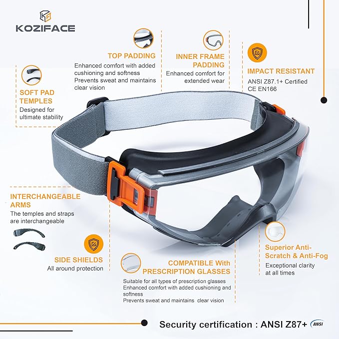 KOZIFACE S60 Safety Goggles, Anti-Fog Full-Seal Protective Eyewear with Strap & Arms, ANSI Z87.1+ Certified