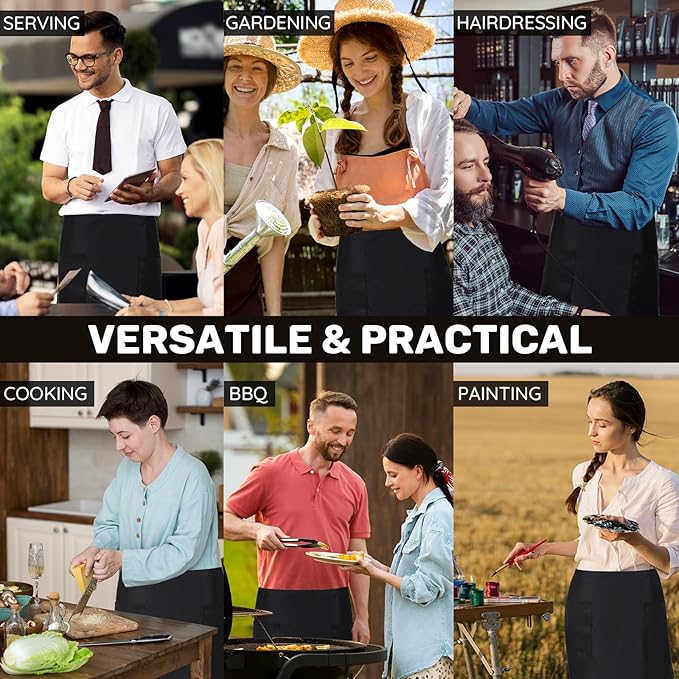 3 Pack Waist Apron with 3 Pockets, Unisex Black Waiter Aprons, Water Resistant Server Aprons for Restaurant Chef Bar