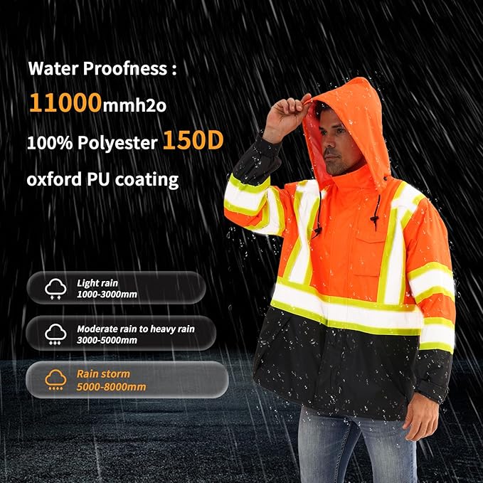 Reflective Rain jackets for men waterproof,Hi Vis Safety Coat With Reflective Strips，High Visibility Class 3 Rain jackets With 2 large pockets，Zipper,Orange,4XL/5XL