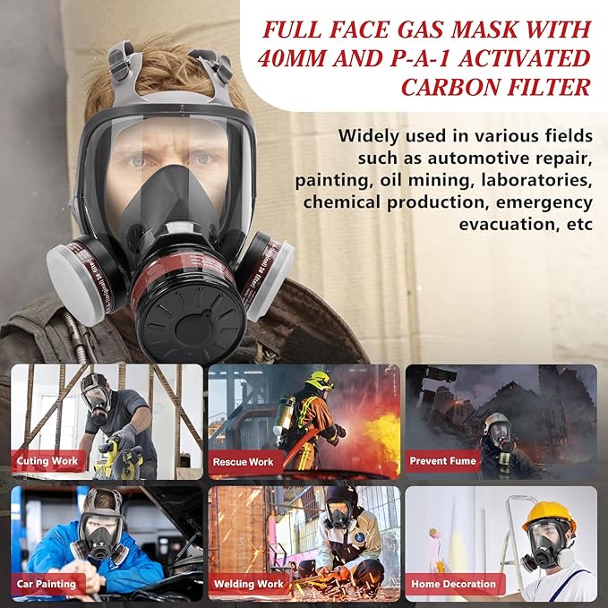 Full Face Respirator Mask, Gas Masks Survival Nuclear and Chemical, Gas Respirator with Activated Carbon Filters