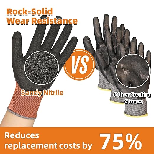 Schwer 12 Pairs Safety Work Gloves with Sandy Nitrile Coating LT5626, Max Abrasion Resistance Heavy Duty Gloves with Grip for Men and Women, Ideal for General Use, Mechanic, Construction, Gardening, L