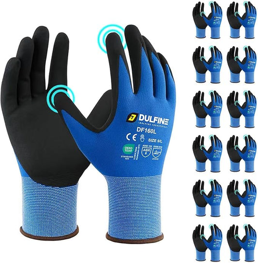 Safety Work Gloves MicroFoam Nitrile Coated-12 Pairs Pack,Blue Seamless Knit Nylon Glove with Black Micro-Foam Nitrile Grip,Ideal for General Purpose,Automotive,Home Improvement,Painting(Small)