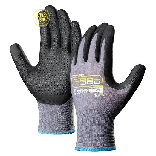 COOLJOB 3/12/36 Pairs Nitrile Rubber Dipped Safety Work Gloves with Grip Dots, Seamless Knit Nylon Gloves with 2 Finger Touchscreen, Non-slip Coated for Warehouse, Home Improvement, Yard, Grey Xlarge