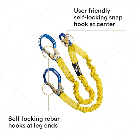 3M DBI-SALA 6' Shockwave2 1 1516" Polyester Tubular Web Twin-Leg Tie-Off Shock-Absorbing Lanyard With Snap Hook And Aluminum Rebar Hooks On Leg Ends