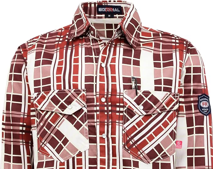 BOCOMAL FR Shirts Flame Resistant NFPA2112/CAT2 6.5oz Light Weight Printed Fire Retardant Plaid Shirt