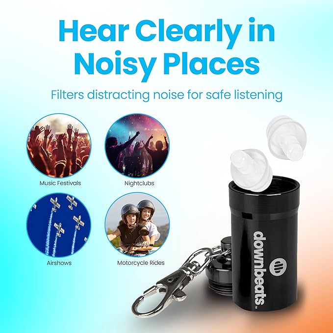 High Fidelity Ear Plugs for Hearing Protection - Discreet, Clear Ear Plugs for Concerts, Festivals & Noisy Events - Up to 18dB Background Noise Reduction Reusable Ear Plugs - Comes with Aluminum Case