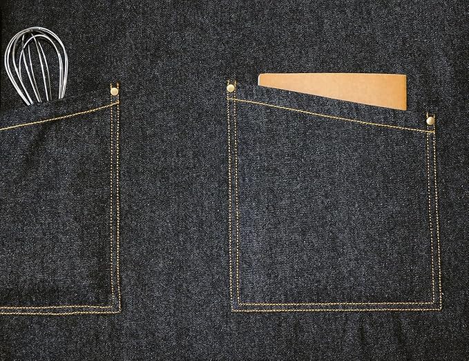 Black Denim Apron with Pockets for Women Men, for Chef Kitchen Cooking Hairstylist BBQ Grill Painting, Leather Cross Back Straps & Adjustable S to XXL