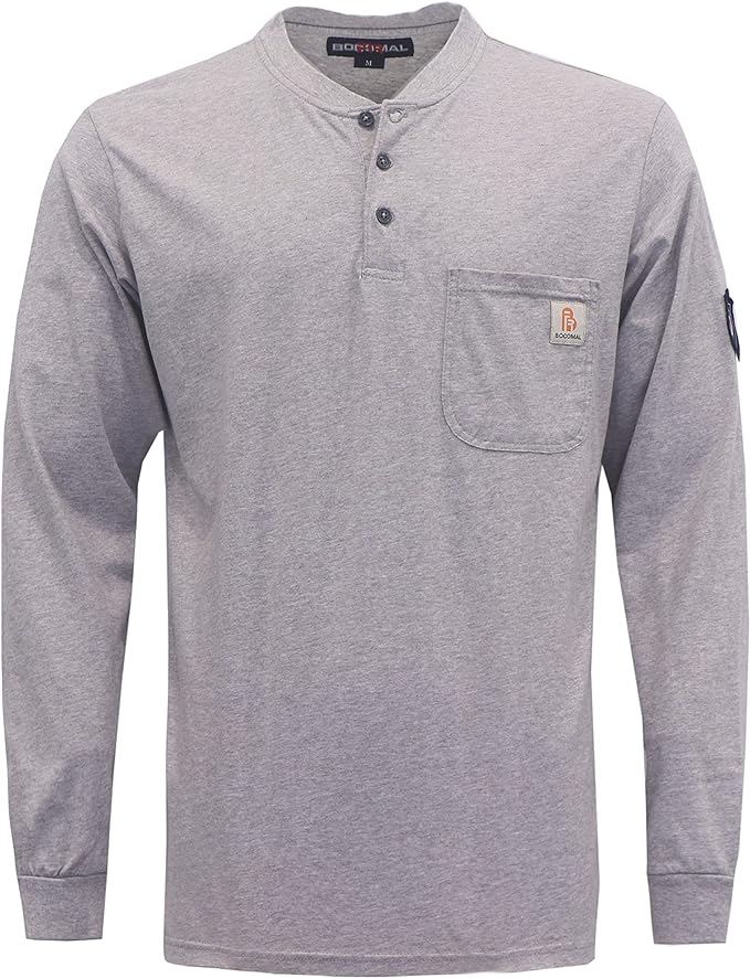 BOCOMAL FR Shirts Henley 7oz Midweight Fire Resistant Clothing NFPA2112 CAT2 Men's Flame Retardant Work Shirt