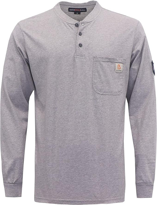 BOCOMAL FR Shirts Henley 7oz Midweight Fire Resistant Clothing NFPA2112 CAT2 Men's Flame Retardant Work Shirt