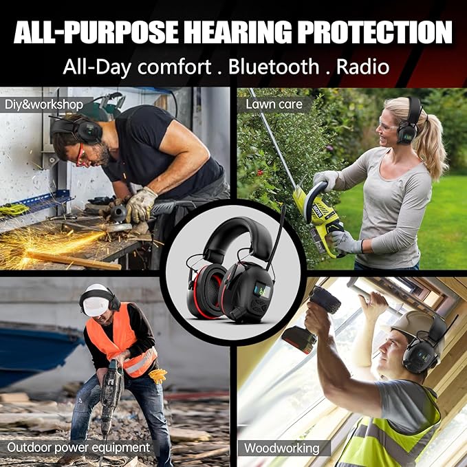 Bluetooth 5.4 Hearing Protection AM FM Radio Headphones with 2000mAh Rechargeable Battery, 30dB SNR Noise Reduction Safety Earmuffs Protector, Up to 45H Radio Listening Time for Mowing Lawn Work