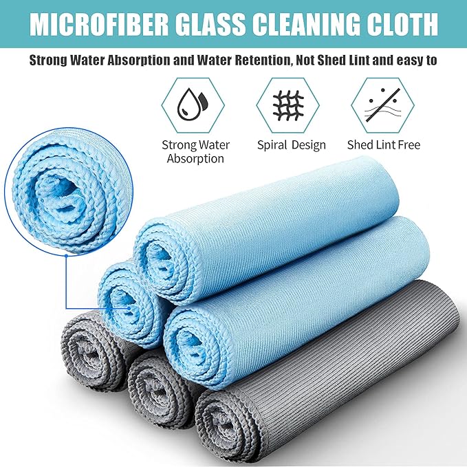 Tatuo 18 Pcs Microfiber Glass Cleaning Cloths (16 x 16) Polishing Cloth - Streak Free - Lint Free - Quickly Clean Windows, Glasses, Windshields, Mirrors, Stainless Steel, Monitor(Blue Gray)