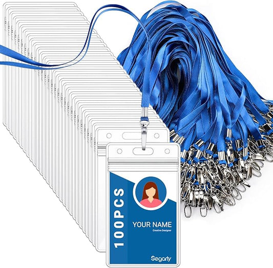 Segarty Lanyards with ID Holder, 100 Pack Vertical Clear Plastic Badge Name Tags Key Card Holder, Blue Strap Clips Waterproof Ziplock Nametag Protector for Women, Business, Student, School, Office