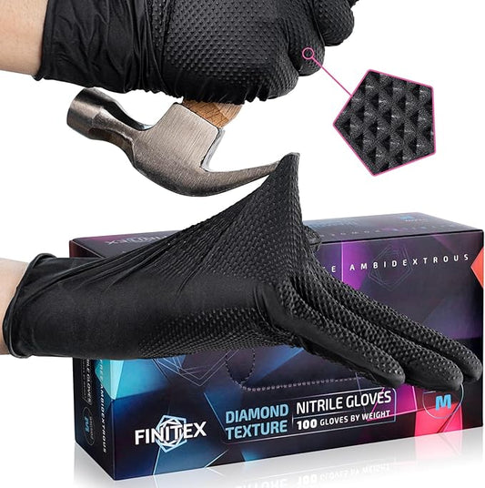 FINITEX Disposable Industrial Diamond Texture Nitrile Glove - Chemical Resistant Heavy Duty 6.3mil Mechanic Automotive Gloves