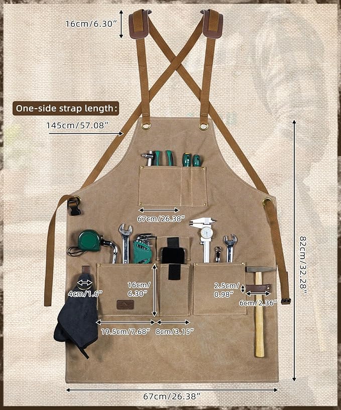 ARCFOX Woodworking Apron with 9 Pockets,Heavy Duty Canvas Apron for Man,Cross Back Apron for Woodworkers, Mechanics, Blacksmiths, DIY Hobbyists