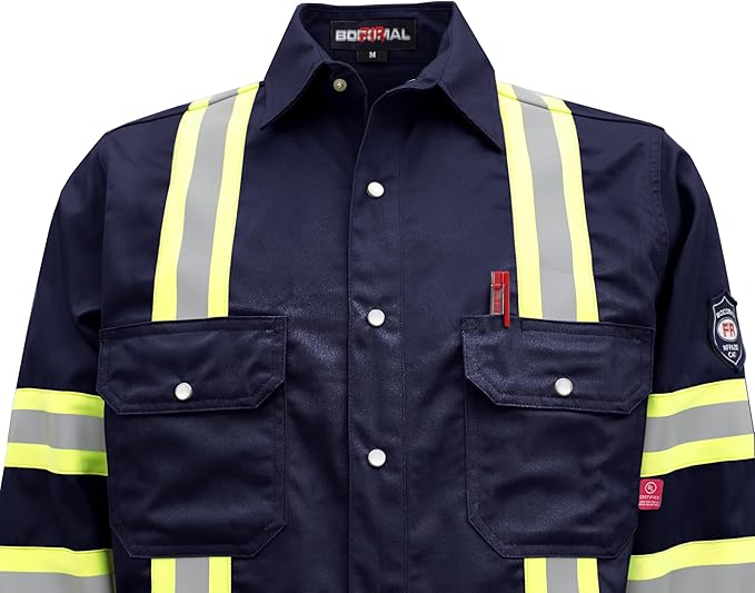 BOCOMAL FR Shirts High Visibility/Hi Vis Flame Resistant/Fire Retardant Shirt 7.5oz Men's Reflective Shirts