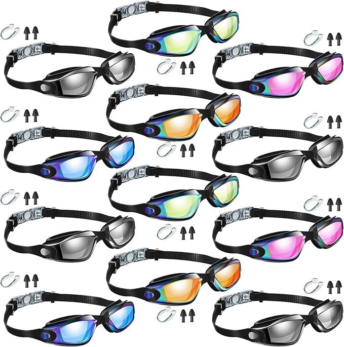 Flutesan 12 Pack Swim Goggles for Adult Kids Anti Fog Swimming Glasses with 12 Ear Plugs Nose Clip No Leaking Full Protection