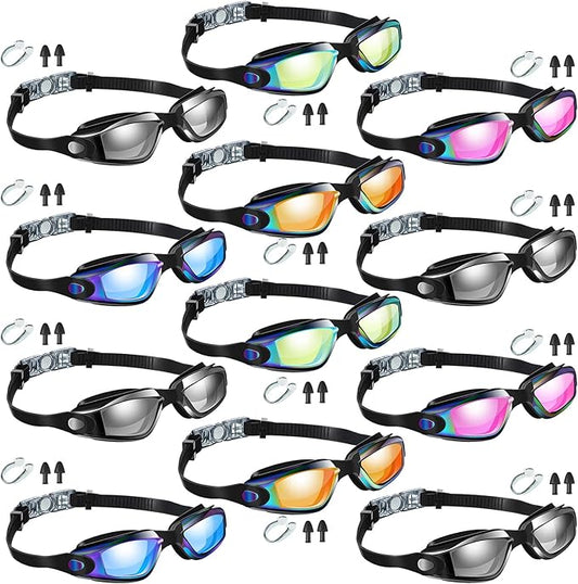 Flutesan 12 Pack Swim Goggles for Adult Kids Anti Fog Swimming Glasses with 12 Ear Plugs Nose Clip No Leaking Full Protection