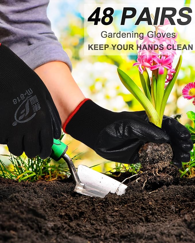 Nuogo 48 Pairs Gardening Gloves for Men Women Rubber Coated Safety Work Gloves Bulk for Gardening Construction Work
