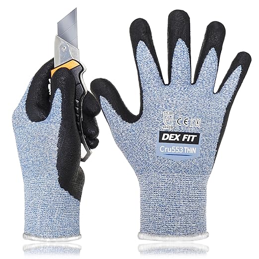 DEX FIT A5 Precision Cut Resistant Gloves Cru553 Thin - 1 Pair, Firm Grip, 3D-Comfort Fit, Lightweight & Durable, Nitrile Anti-Slip Palms,Touchscreen Compatible for Precision Assembly; Blue S (7)