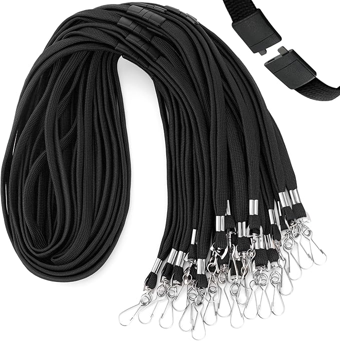 MIFFLIN-USA Flat Breakaway Safety Lanyard for ID Badges (Black, 36 Inch, 100 Pack), Soft Woven Neck Line