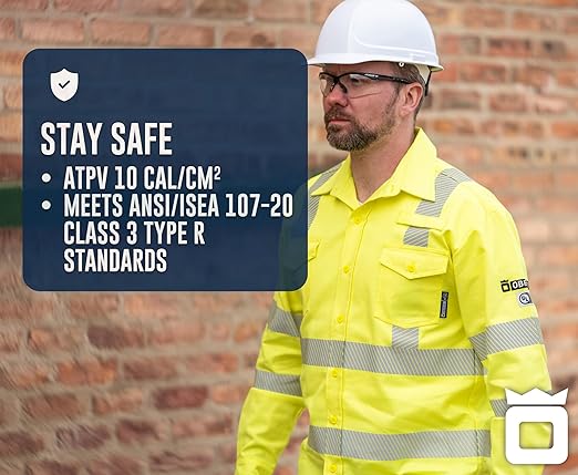 Oberon FR Arc Rated Hi Vis Button-Up Safety Shirt For Men - Flame Resistant & Reflective - 10 Cal - Class 3 - Hi Vis Yellow