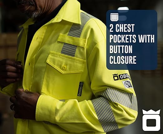 Oberon FR Arc Rated Hi Vis Button-Up Safety Shirt For Men - Flame Resistant & Reflective - 10 Cal - Class 3 - Hi Vis Yellow
