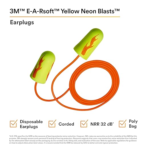 3M Ear Plugs, Pack of 200, E-A-Rsoft Yellow Neon Blasts 311-1252, Corded, Disposable, Foam, NRR 33, Drilling, Grinding, Machining, Sawing, Sanding, Welding, 1/Poly Bag