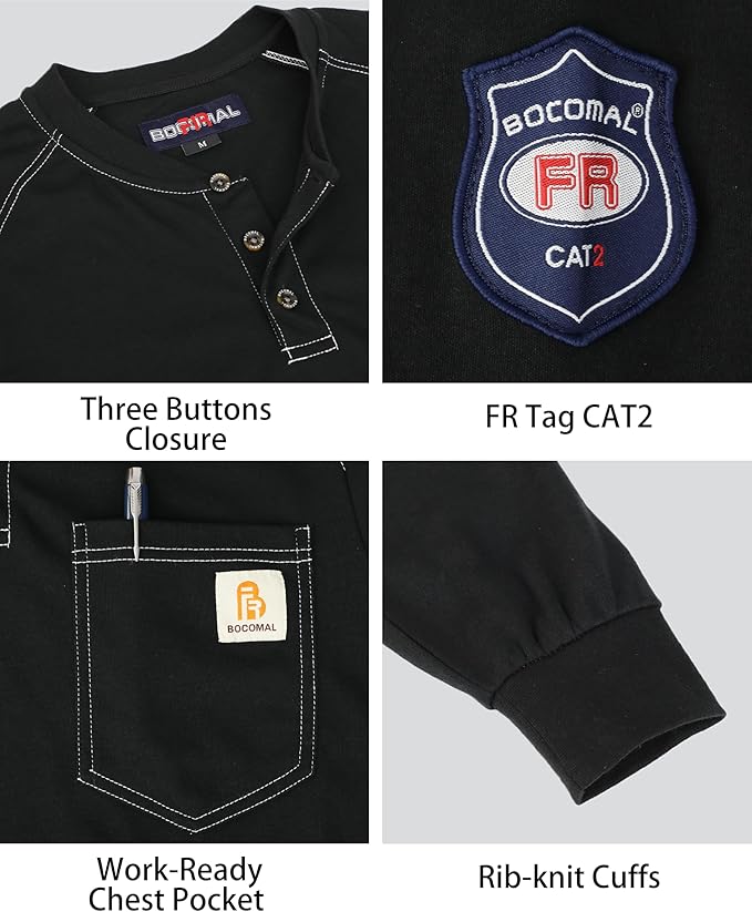 BOCOMAL Men's FR Shirt Pocket Henley Lightweight Flame Resistant Cotton Long Sleeve Workwear UL NFPA2112 CAT2 Welding Tee