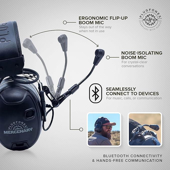Plugfones Mercenary Tactical Bluetooth Headset – Bluetooth Earmuffs Hearing Protection - Noise Reduction 24dB, Gel Cooling Ear Pads, Boom Mic, 5-Level Ambient Sound, 60-Hr of Power & USB-C Charging