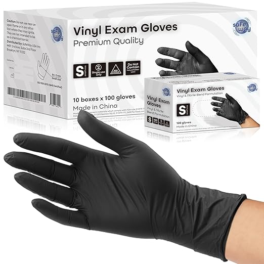 Nitrile-Vinyl Blended Disposable Gloves, Powder-Free & Non-Latex Gloves, 3000, Protective Gloves for Medical Exams, Cooking & Household Cleaning, 4 Mil Thick Non-Sterile Secure Grip Black, Small