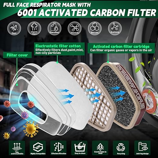 Full Face Respirator Mask, Gas Masks Survival Nuclear and Chemical with 40mm Activated Carbon Filter & 6001 Filter Cartridge,6800 Reusable Gasmasks for Paint, Welding and Other Work Protection