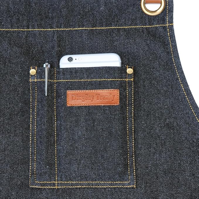 Black Denim Apron with Pockets for Women Men, for Chef Kitchen Cooking Hairstylist BBQ Grill Painting, Leather Cross Back Straps & Adjustable S to XXL