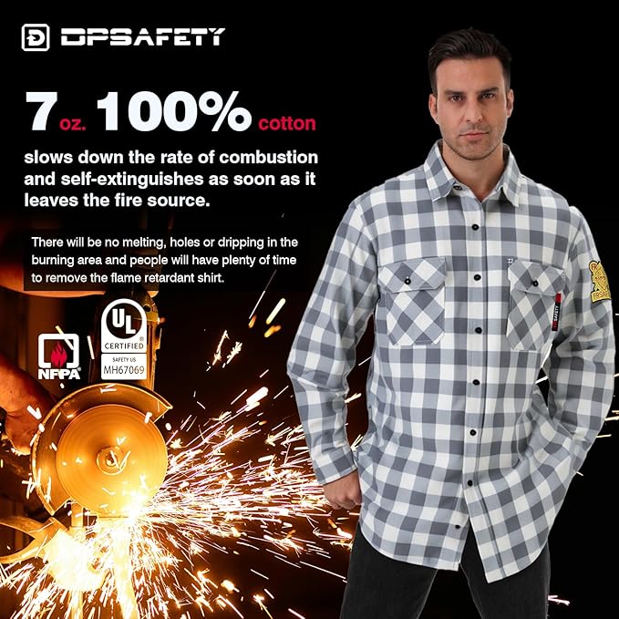 FR Shirts for Men 7oz Fire Resistant Shirts NFPA CAT2 Welding Shirt 102% Cotton Flame Resistant Shirt Grey/Plaid(5X-Large)