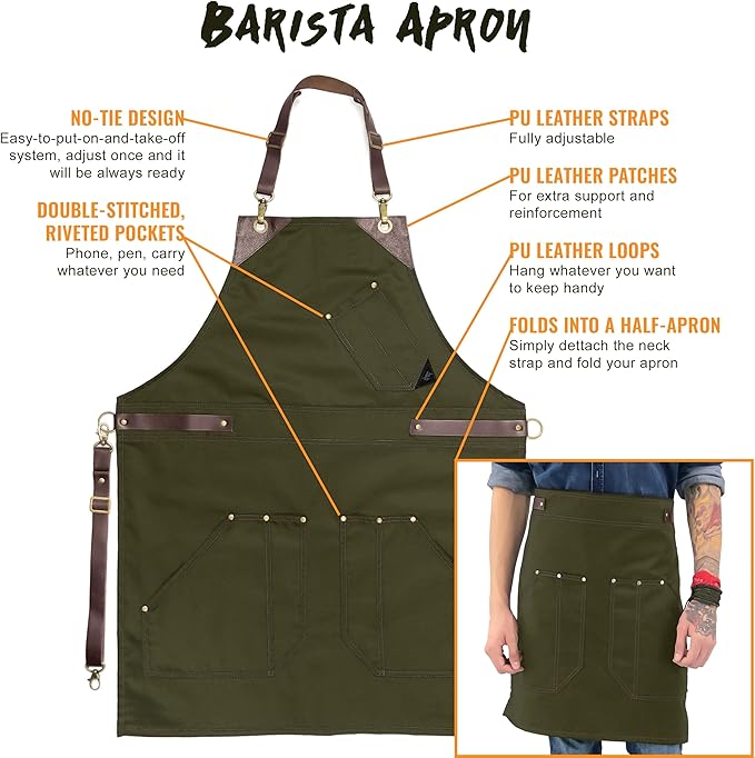 Under NY Sky Barista Apron - Brown Leather Straps and Reinforcement - Riveted Pockets - Double Stiched - Leather Ring Loop - Professional Green Twill - Double as Half Bistro Apron - Chefs, Bartender