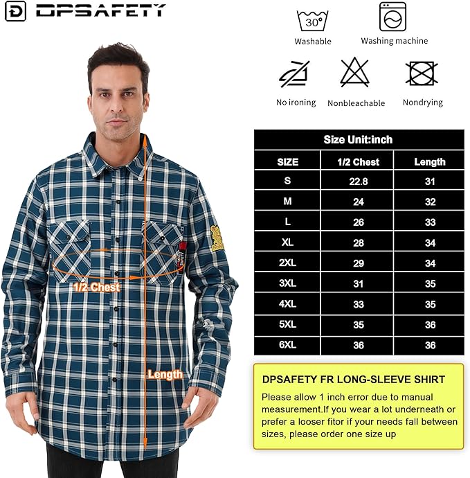 FR Shirts for Men 7oz Fire Resistant Shirts NFPA CAT2 Welding Shirt 100% Cotton Flame Resistant Shirt Blue/Plaid(6X-Large)
