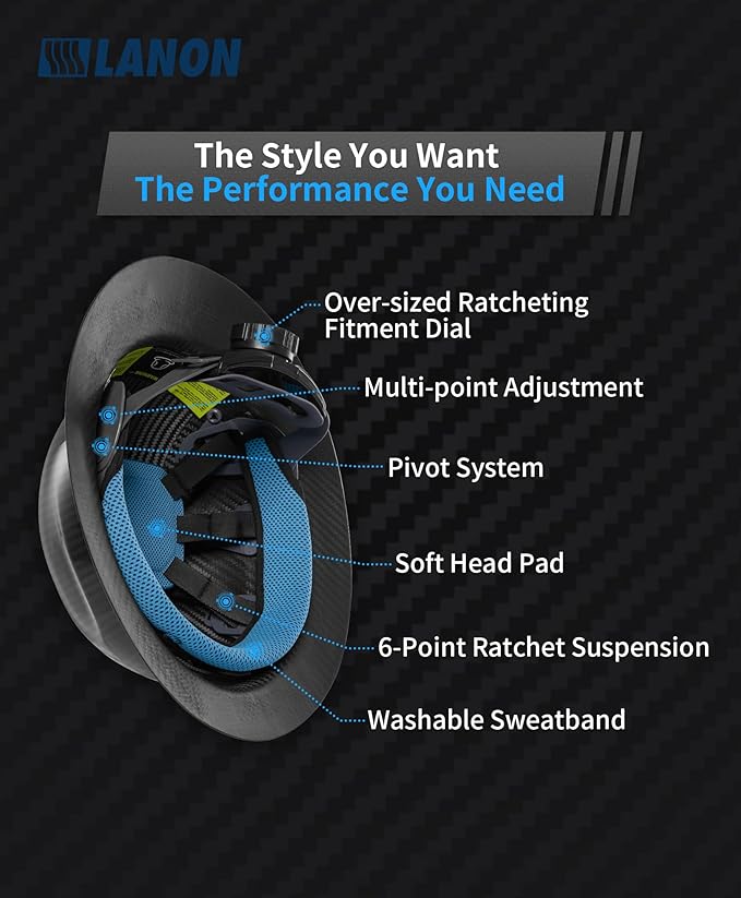 LANON Carbon Fiber Full Brim Hard Hat, OSHA Construction Work Approved, Classic Black Design, Lightweight Durable Safety Helmet with 6 Point Adjustable Ratchet Suspension, Class C