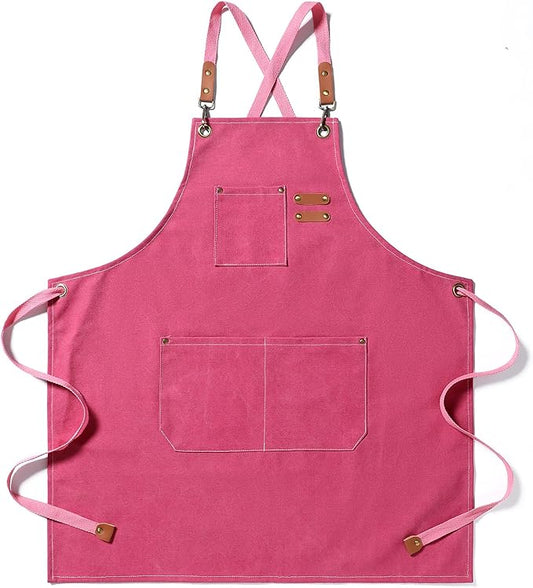 Chef Apron Medium-Thick Cotton Canvas,Cross Back with Multiple Pockets Adjustable Work Apron for Men and Women (Pink)