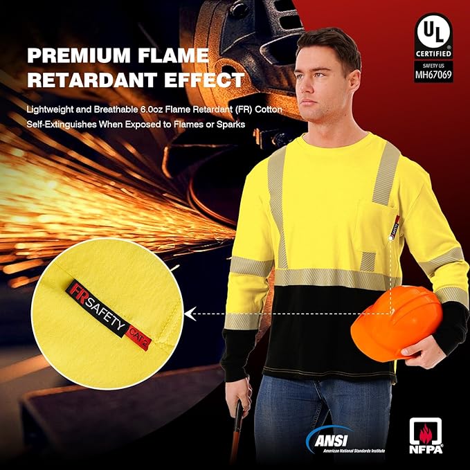 SKSAFETY FR Shirts for Men Long Sleeve, Welding Shirt 6oz Lightweight High Vis Fire Resistant Flame Retardant Shirt CAT2