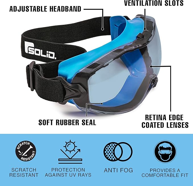 SolidWork Safety Goggles Anti-Fog Clear Lens with Adjustable Elastic Headband. Protective Eyewear for Men & Women
