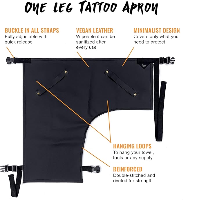 Under NY Sky Tattoo Half Apron - One-Leg Apron - Vegan Leather, Wipeable - Quick-Release Straps - For tattoo artist, Tattooist, Studio, Barber - Right Leg