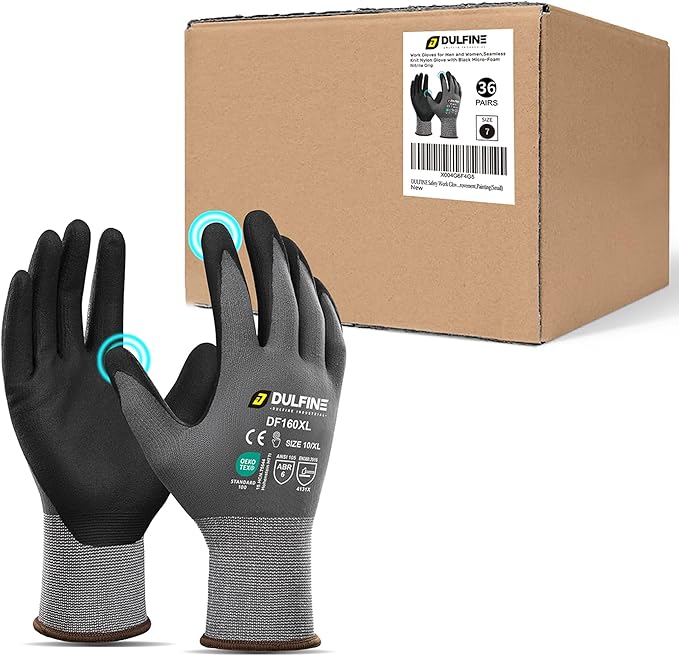 DULFINE Safety Work Gloves MicroFoam Nitrile Coated-36 Pairs Pack,Seamless Knit Nylon Glove with Black Micro-Foam Nitrile Grip,Ideal for General Purpose,Automotive,Home Improvement,Painting(Small)